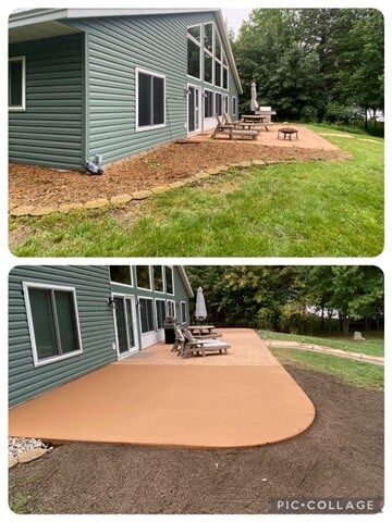 Before and after photo of an updated outdoor concrete slab.